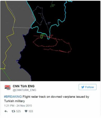 Турецкие военные показали траекторию полета сбитого Су-24 (КАРТА)